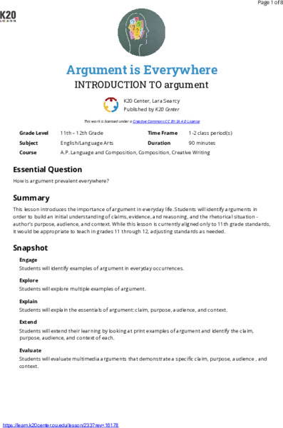 Argument Is Everywhere: Introduction to Argument Lesson Plan