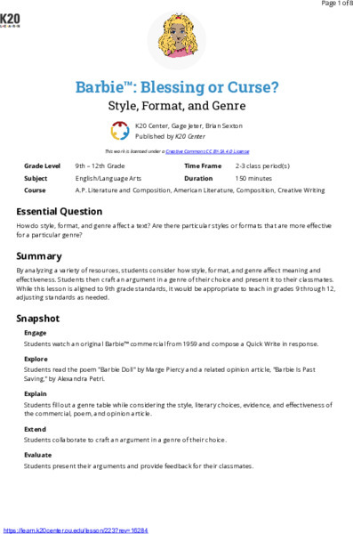 Barbie™: Blessing Or Curse? Style, Format, And Genre Lesson Plan