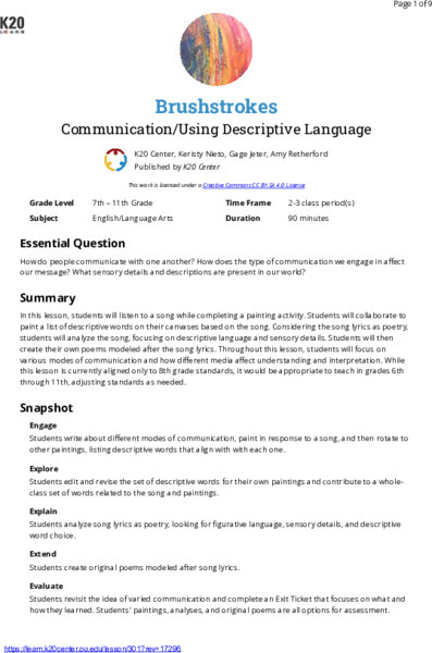 Brushstrokes: Communication/Using Descriptive Language Lesson Plan