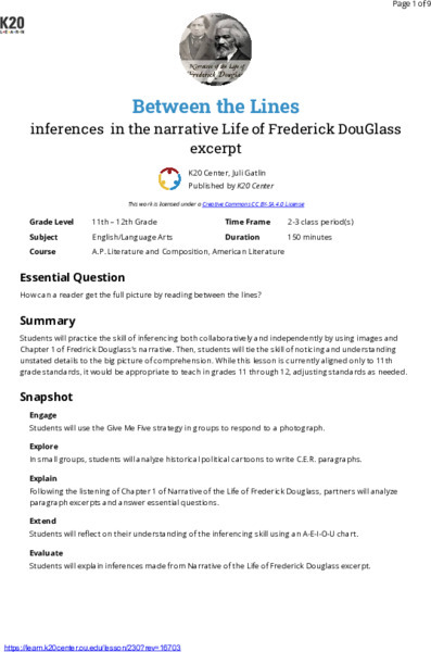 Between The Lines: Inferences In The Narrative Life Of Frederick Douglass Excerpt Lesson Plan
