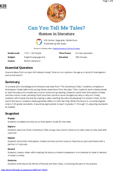 Can You Tell Me Tales? Themes In Literature Lesson Plan