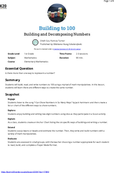 Building To 100: Building And Decomposing Numbers Lesson Plan
