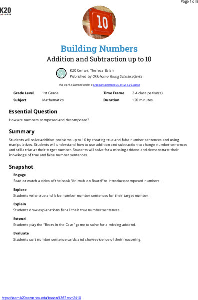Building Numbers: Addition And Subtraction Up To 10 Lesson Plan
