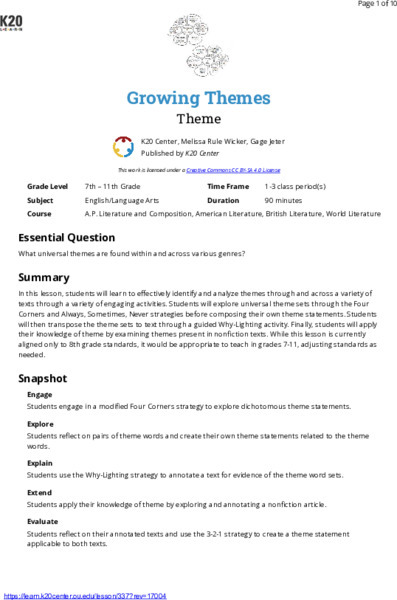 Growing Themes Lesson Plan