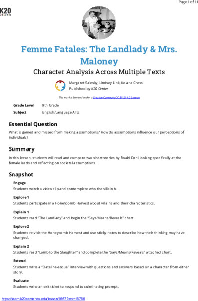 Femme Fatales - The Landlady and Mrs. Maloney: Character Analysis Across Multiple Texts Lesson Plan