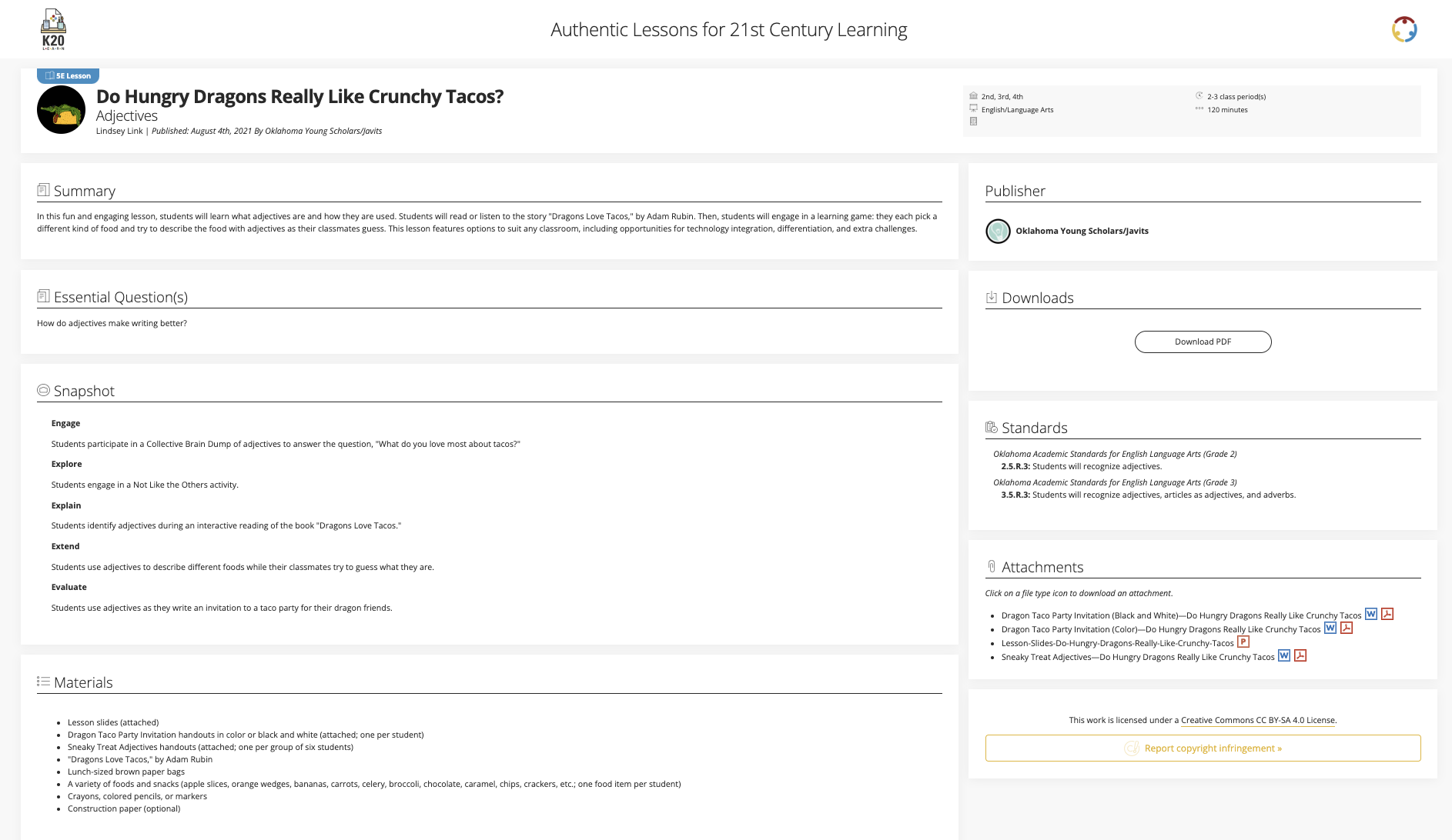 Do Hungry Dragons Really Like Crunchy Tacos?: Adjectives Lesson Plan