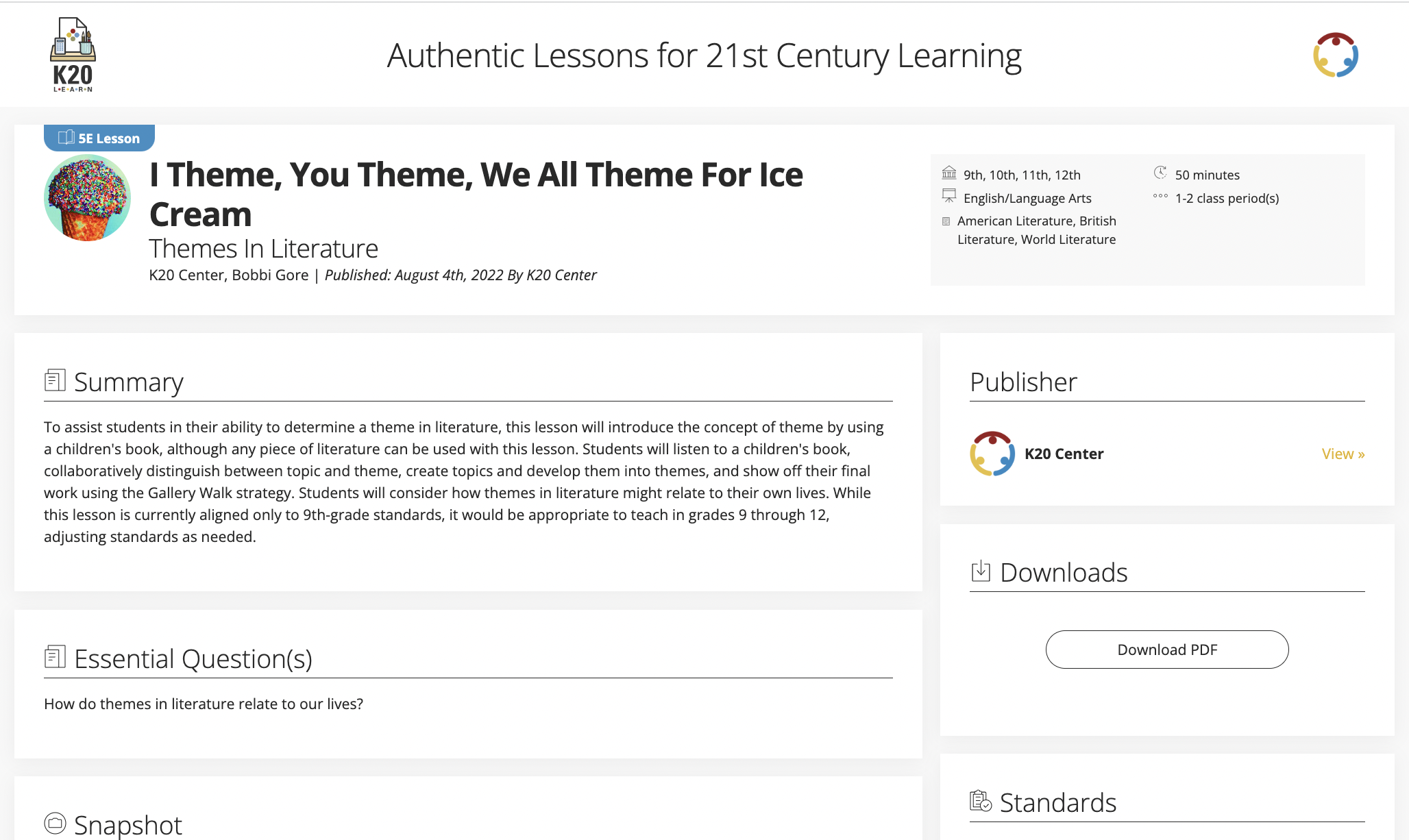 I Theme, You Theme, We All Theme For Ice Cream: Themes In Literature Lesson Plan