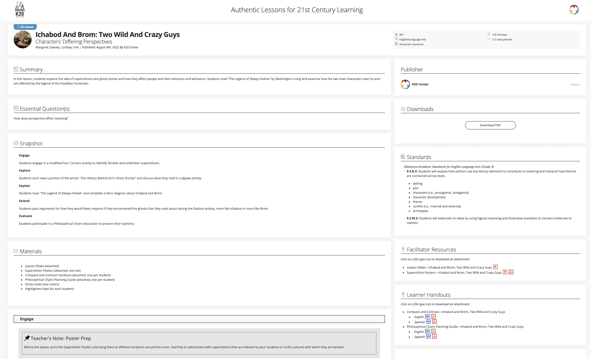 Ichabod and Brom - Two Wild And Crazy Guys: Characters' Differing Perspectives Lesson Plan