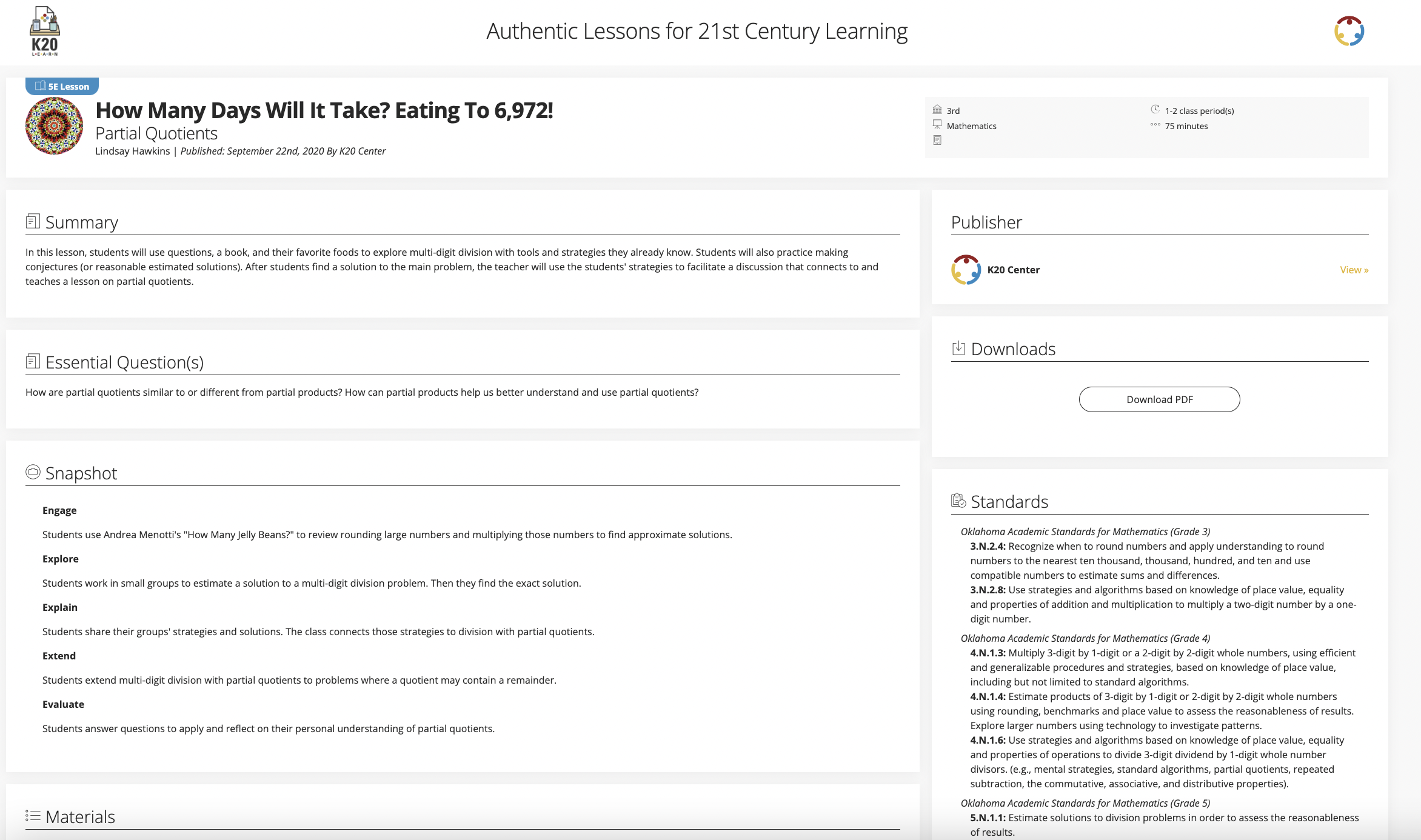 How Many Days Will It Take? Eating To 6,972!: Partial Quotients Lesson Plan