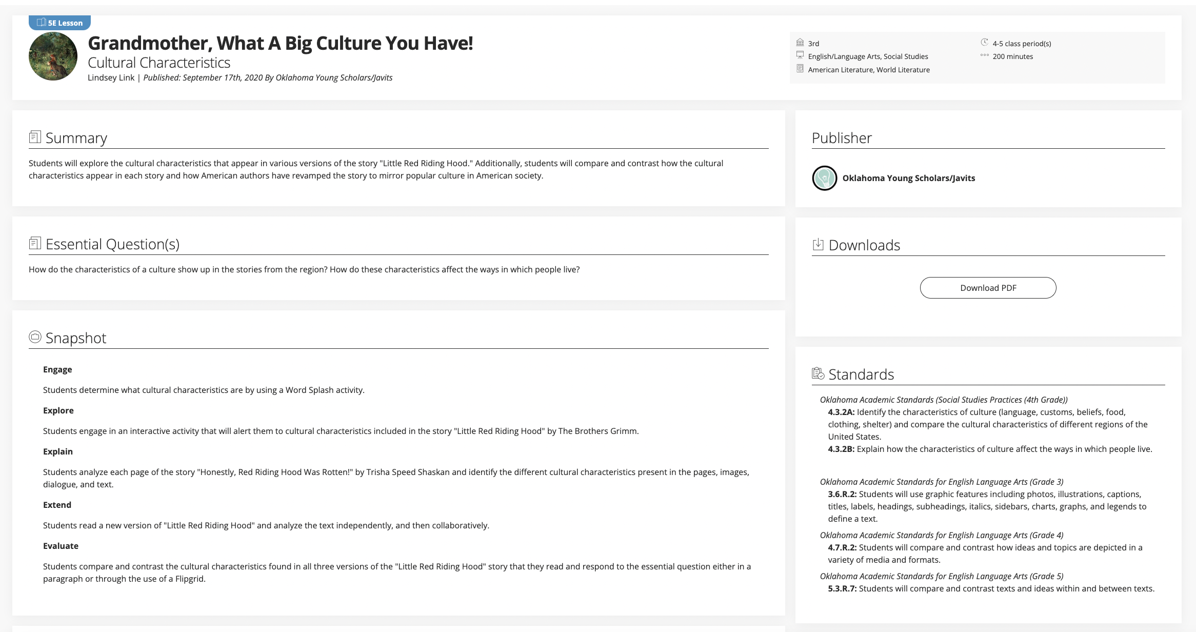 Grandmother, What A Big Culture You Have!: Cultural Characteristics Lesson Plan