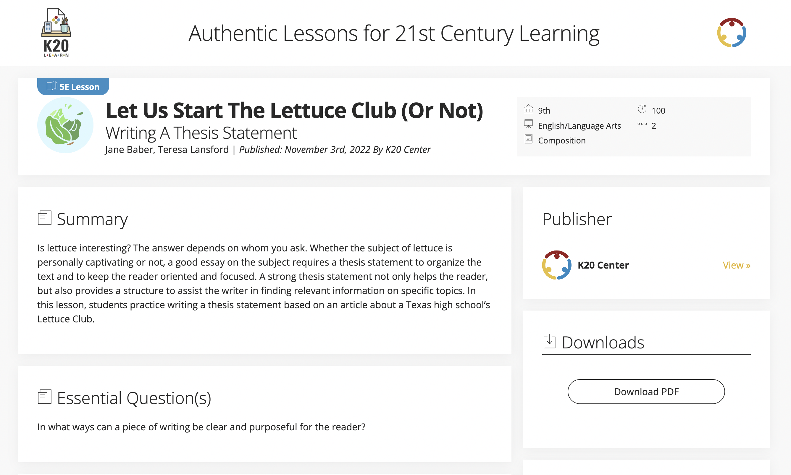 Let Us Start The Lettuce Club (Or Not): Writing A Thesis Statement Lesson Plan