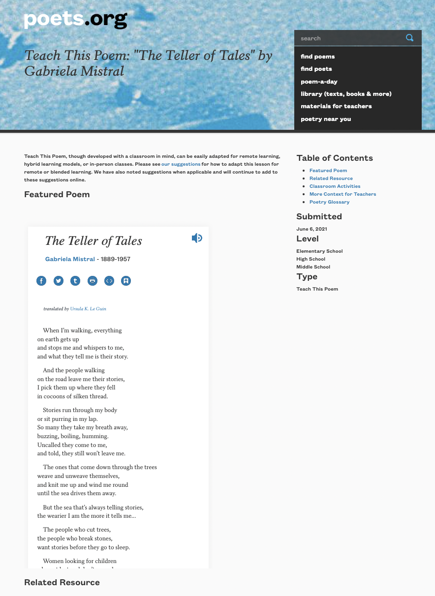 Teach This Poem: "The Teller of Tales" by Gabriela Mistral Lesson Plan