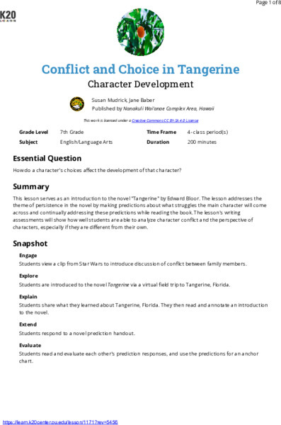Conflict And Choice In Tangerine: Character Development Lesson Plan