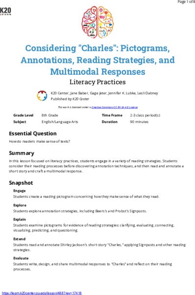 Considering "Charles": Pictograms, Annotations, Reading Strategies, And Multimodal Responses Lesson Plan
