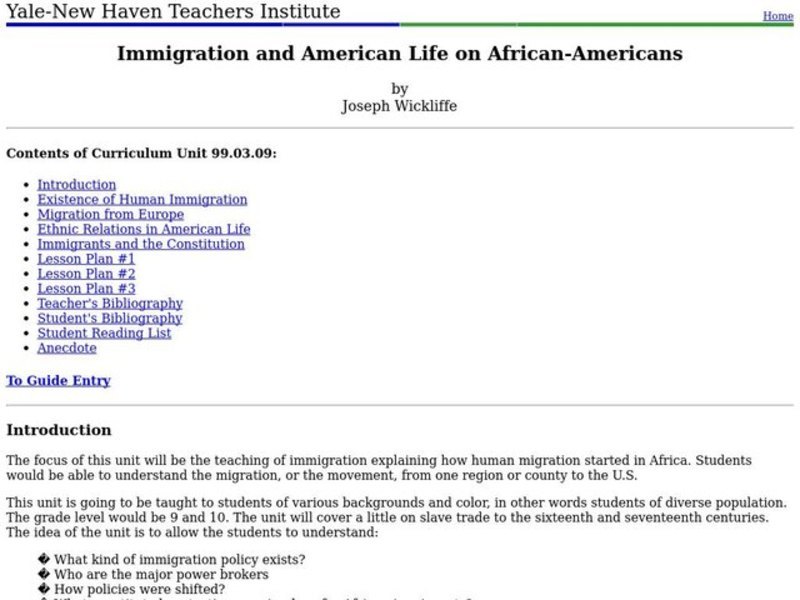 Immigration and American Life on African-Americans Lesson Plan