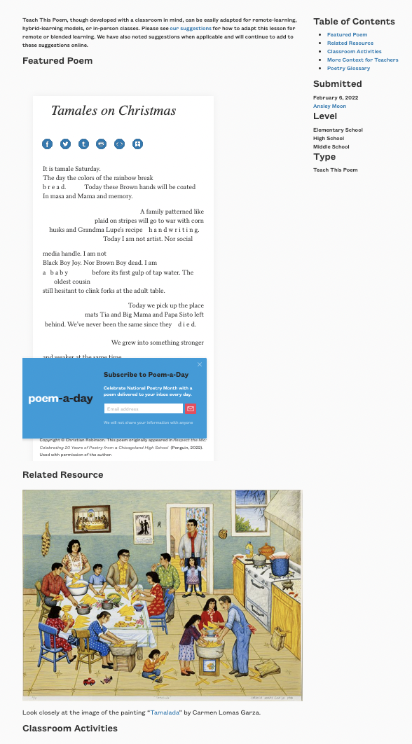 Teach This Poem: "Tamales on Christmas" by Christian Robinson Lesson Plan