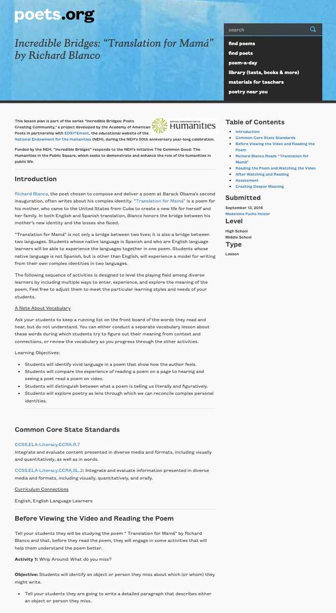 Incredible Bridges: “Translation for Mamá” by Richard Blanco Lesson Plan