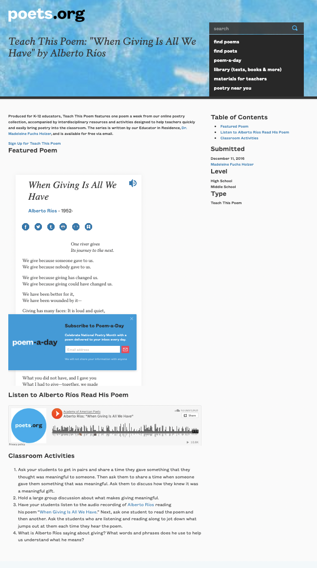 Teach This Poem: "When Giving Is All We Have" by Alberto Ríos Lesson Plan