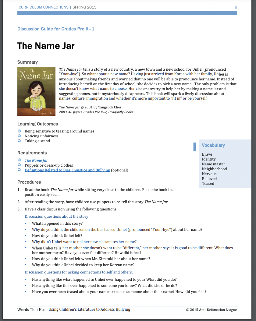 The Name Jar: Discussion Guide for Grades Pre-K–1 Lesson Plan