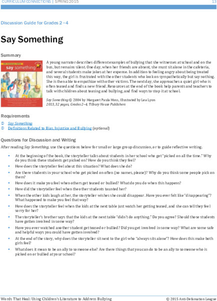 Say Something: Discussion Guide for Grades 2-4 Lesson Plan