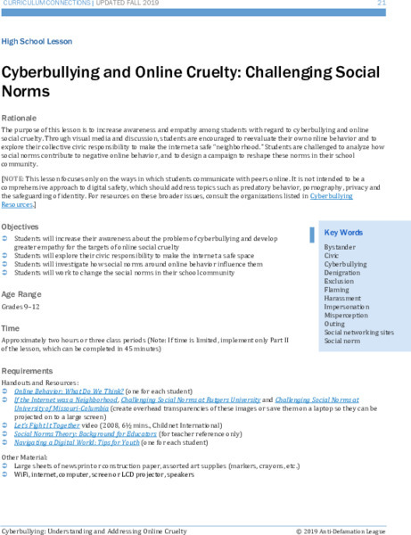 Cyberbullying and Online Cruelty: Challenging Social Norms Lesson Plan