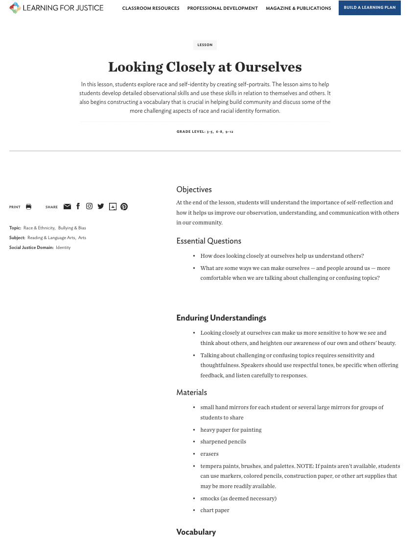 Looking Closely at Ourselves Lesson Plan