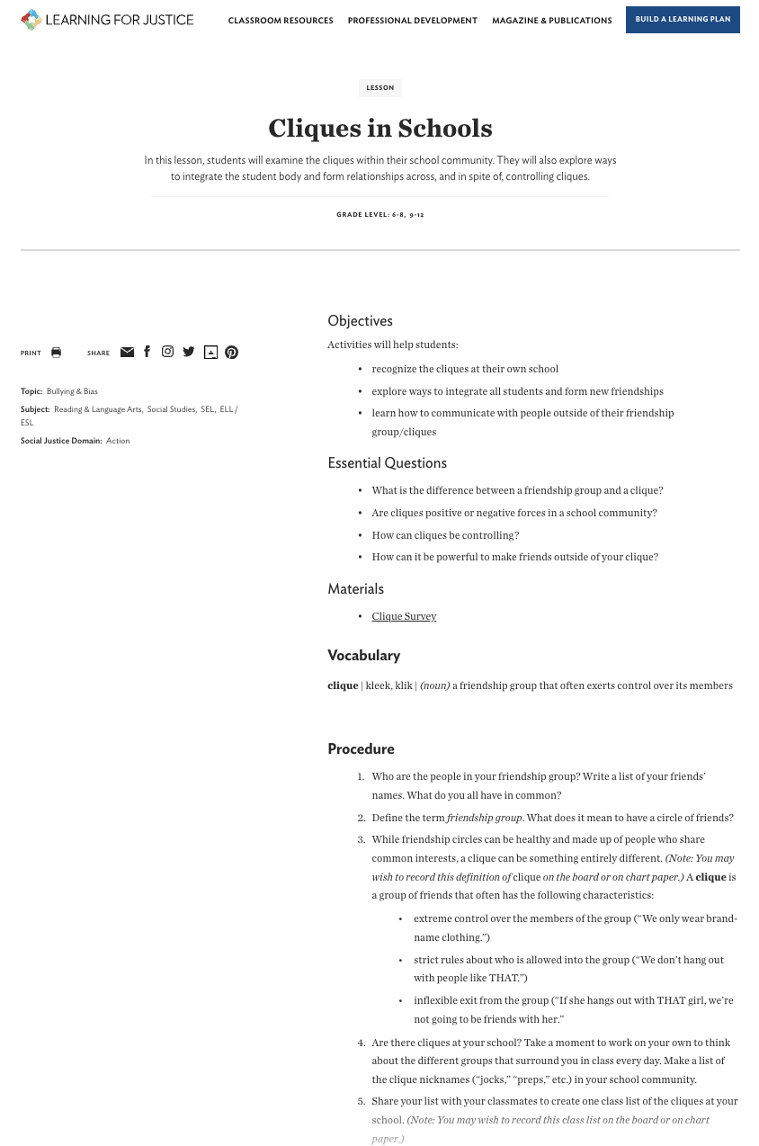 Cliques in Schools Lesson Plan
