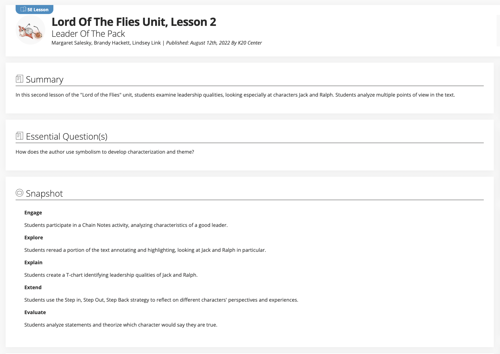 Lord of the Flies Unit, Lesson 2: Leader of the Pack Lesson Plan