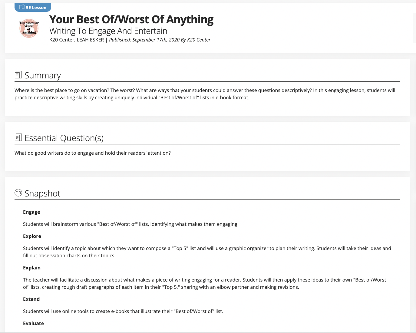 Your Best Of/Worst Of Anything: Writing To Engage And Entertain Lesson Plan