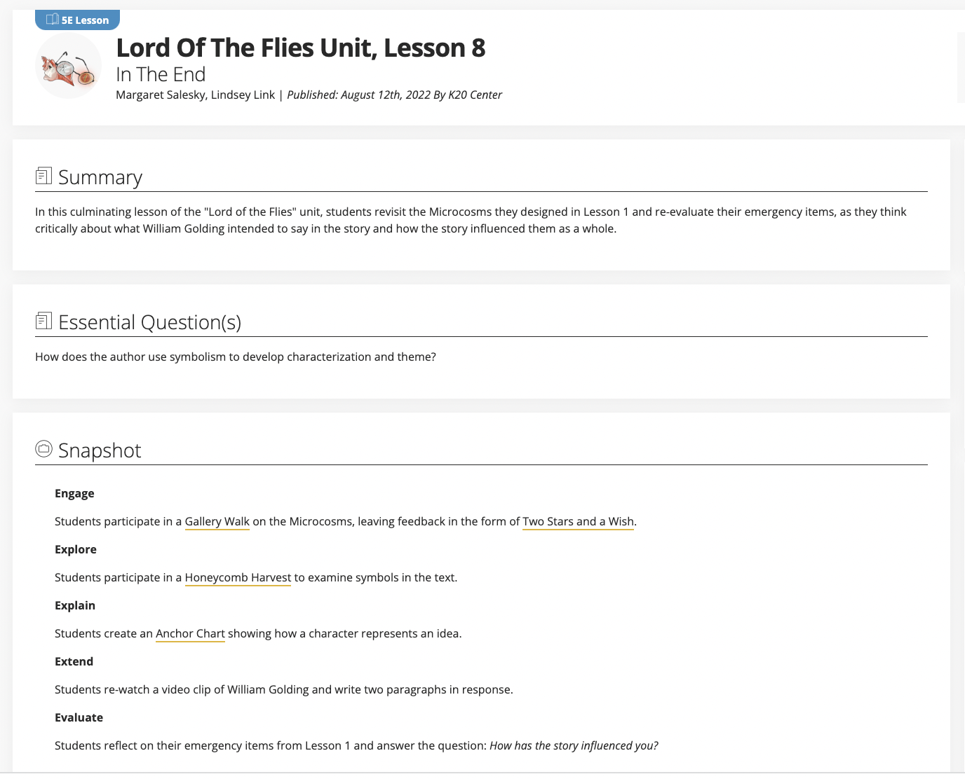 Lord of the Flies Unit, Lesson 8: In The End Lesson Plan