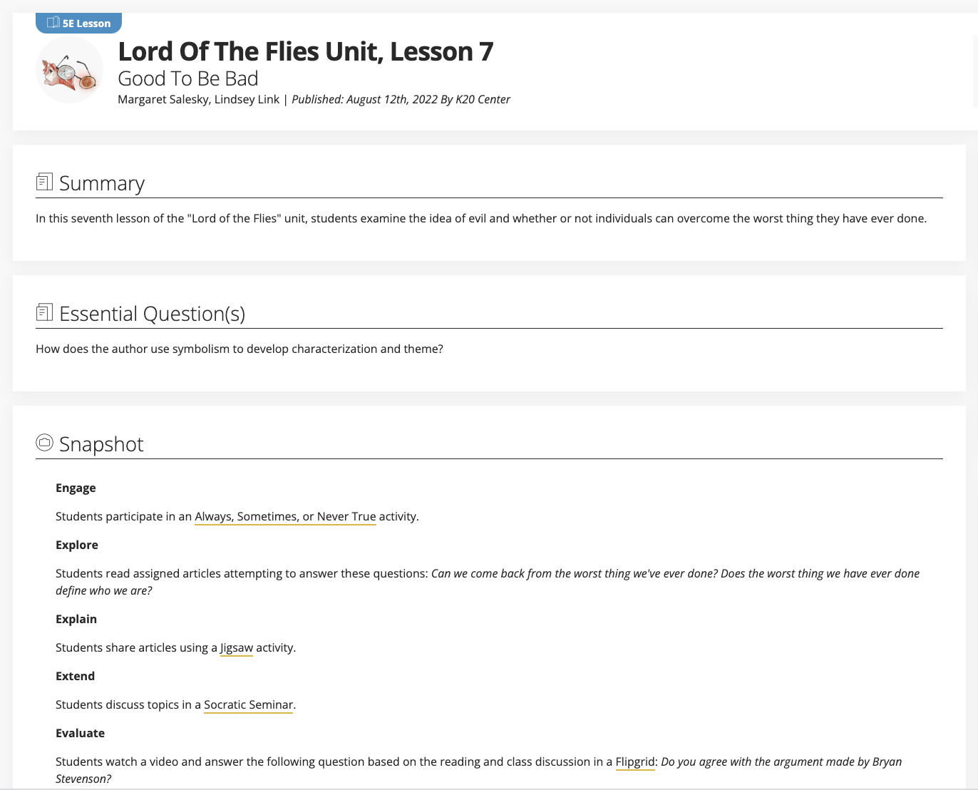 Lord of the Flies Unit, Lesson 7: Good To Be Bad Lesson Plan