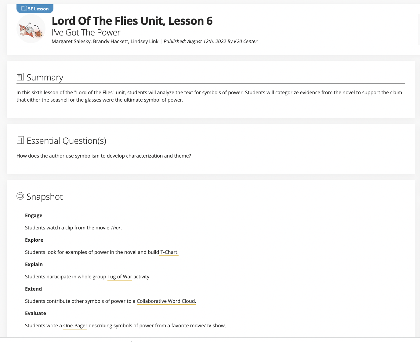 Lord of the Flies Unit, Lesson 6: I've Got The Power Lesson Plan