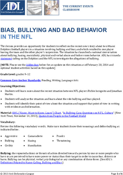 Bias, Bullying and Bad Behavior in the NFL Lesson Plan