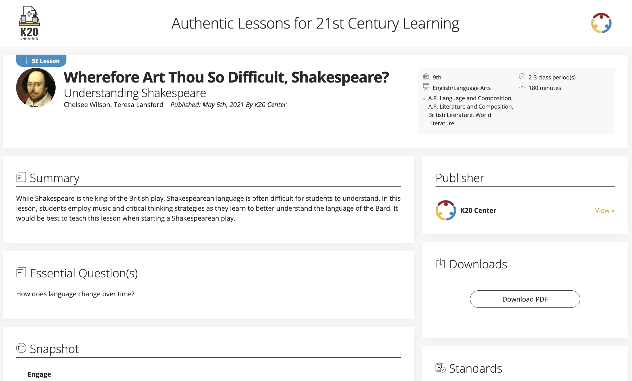 Wherefore Art Thou So Difficult, Shakespeare? Understanding Shakespeare Lesson Plan
