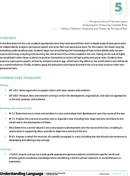 Putting it Together: Analyzing and Producing Persuasive Text Lesson Plan