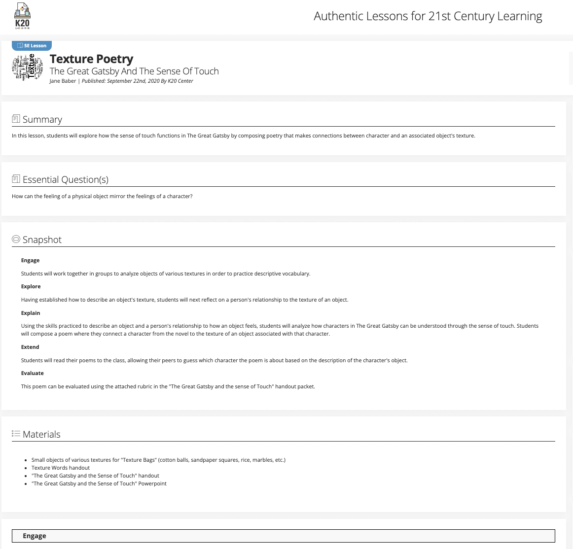 Texture Poetry: The Great Gatsby and the Sense of Touch Lesson Plan