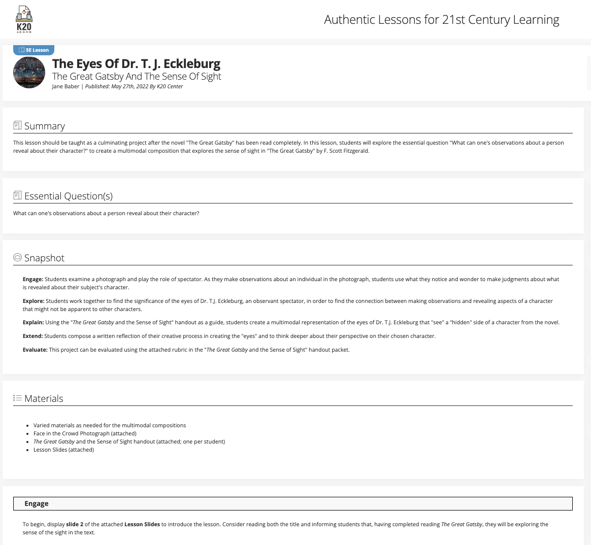 The Eyes of Dr. T. J. Eckleburg: The Great Gatsby and the Sense of Sight Lesson Plan