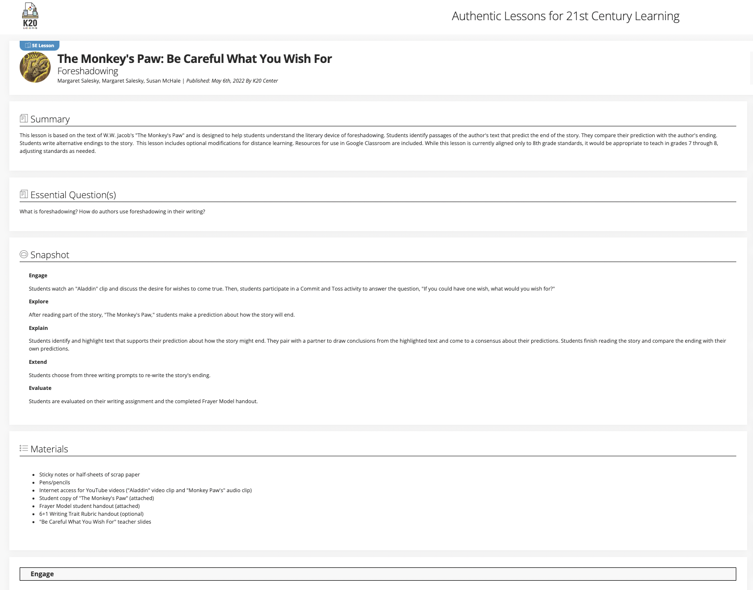 The Monkey's Paw - Be Careful What You Wish For: Foreshadowing Lesson Plan