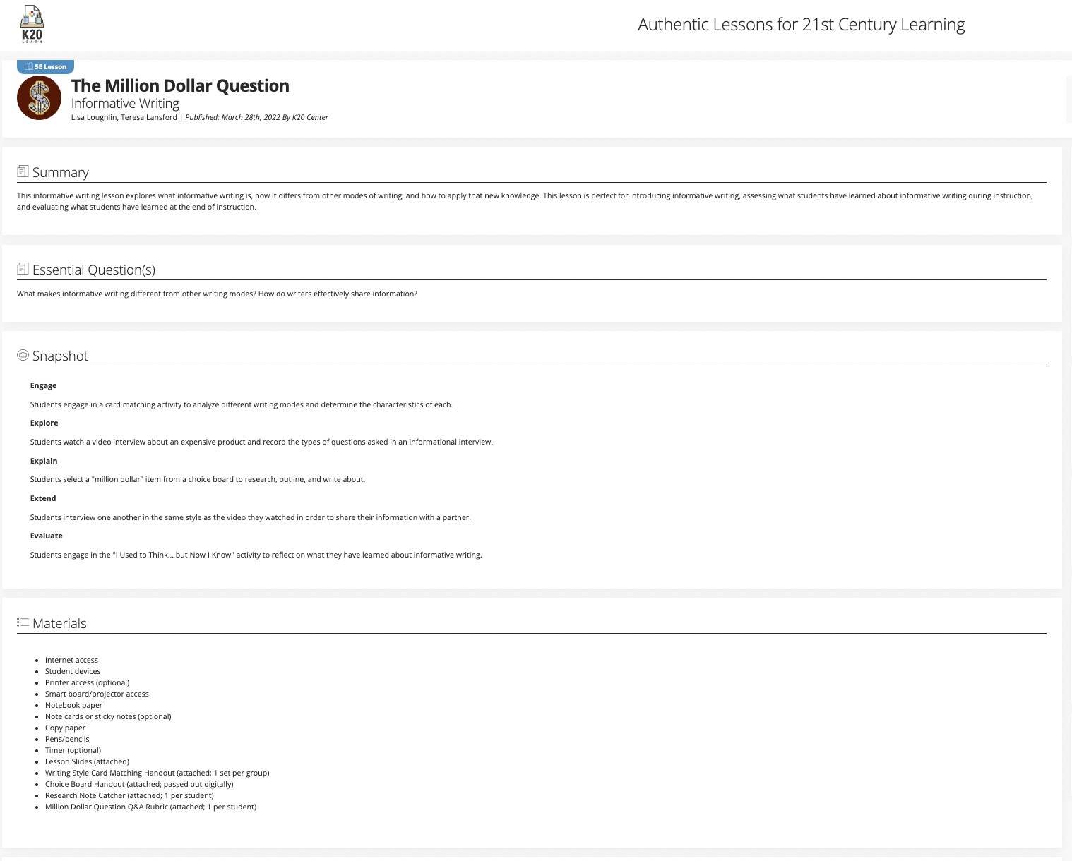 The Million Dollar Question: Informative Writing Lesson Plan