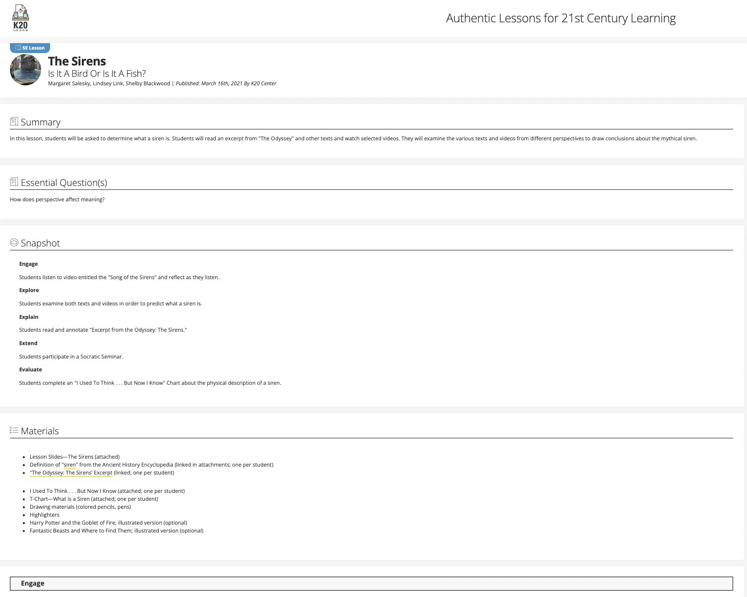 The Sirens: Is It a Bird or Is It a Fish? Lesson Plan