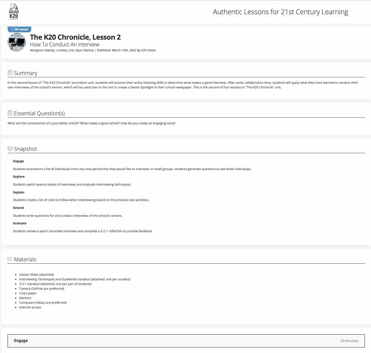 The K20 Chronicle, Lesson 2: How To Conduct An Interview Lesson Plan
