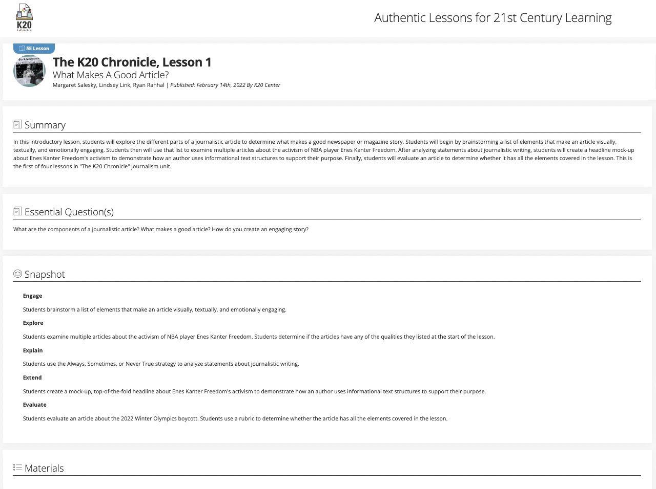 The K20 Chronicle, Lesson 1: What Makes a Good Article? Lesson Plan