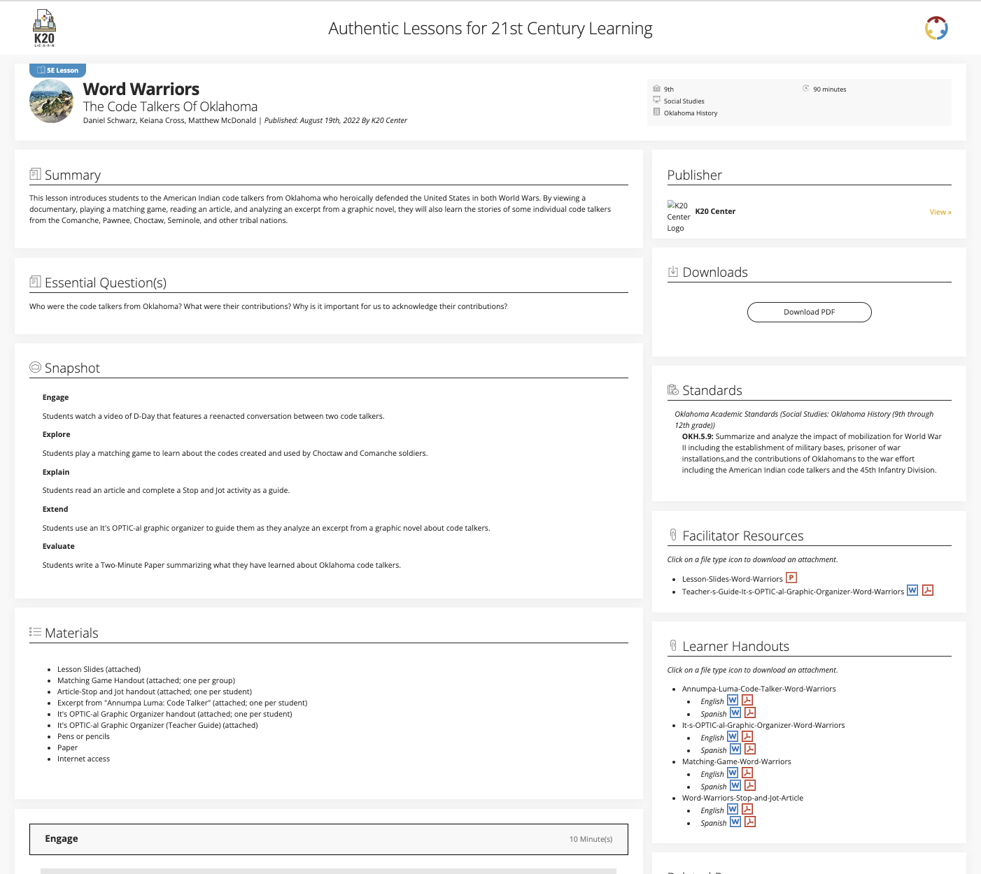 Word Warriors: The Code Talkers of Oklahoma Lesson Plan