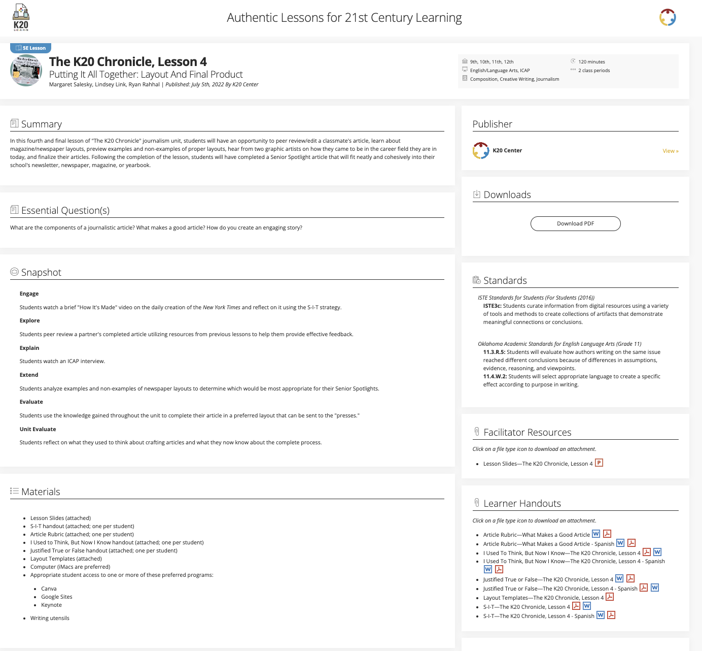 The K20 Chronicle, Lesson 4: Putting It All Together - Layout and Final Product Lesson Plan