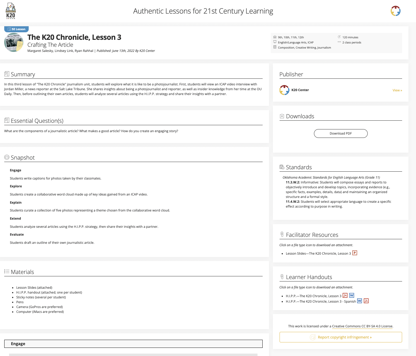 The K20 Chronicle, Lesson 3: Crafting the Article Lesson Plan