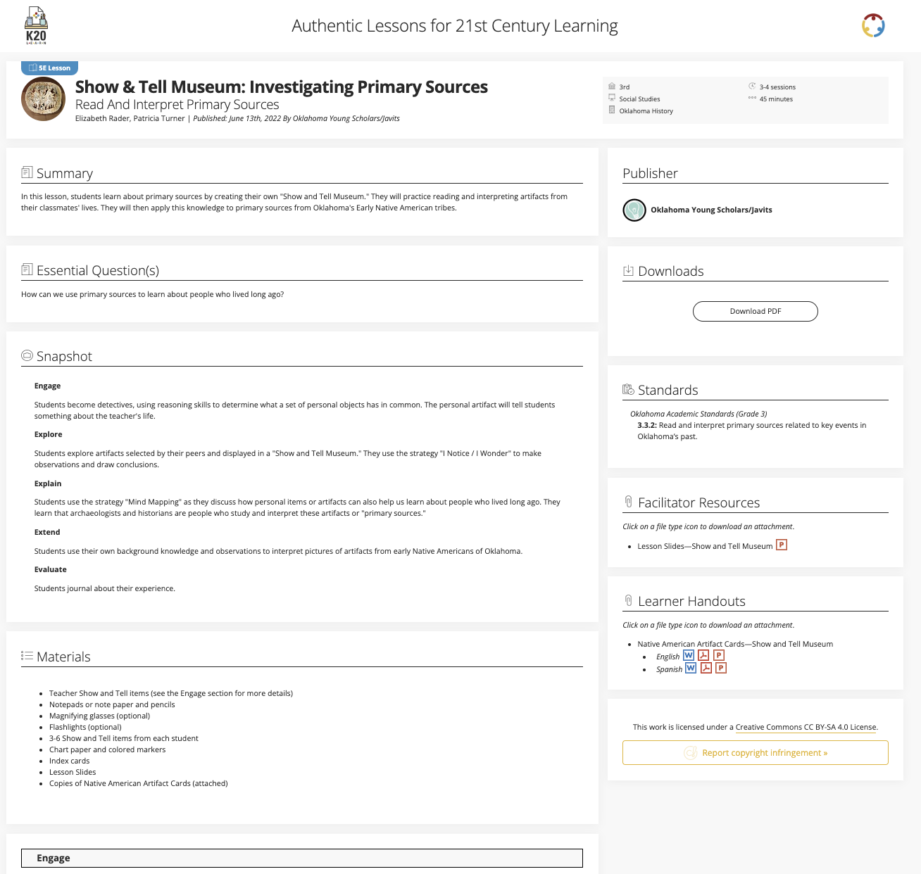 Show and Tell Museum - Investigating Primary Sources: Read and Interpret Primary Sources Lesson Plan