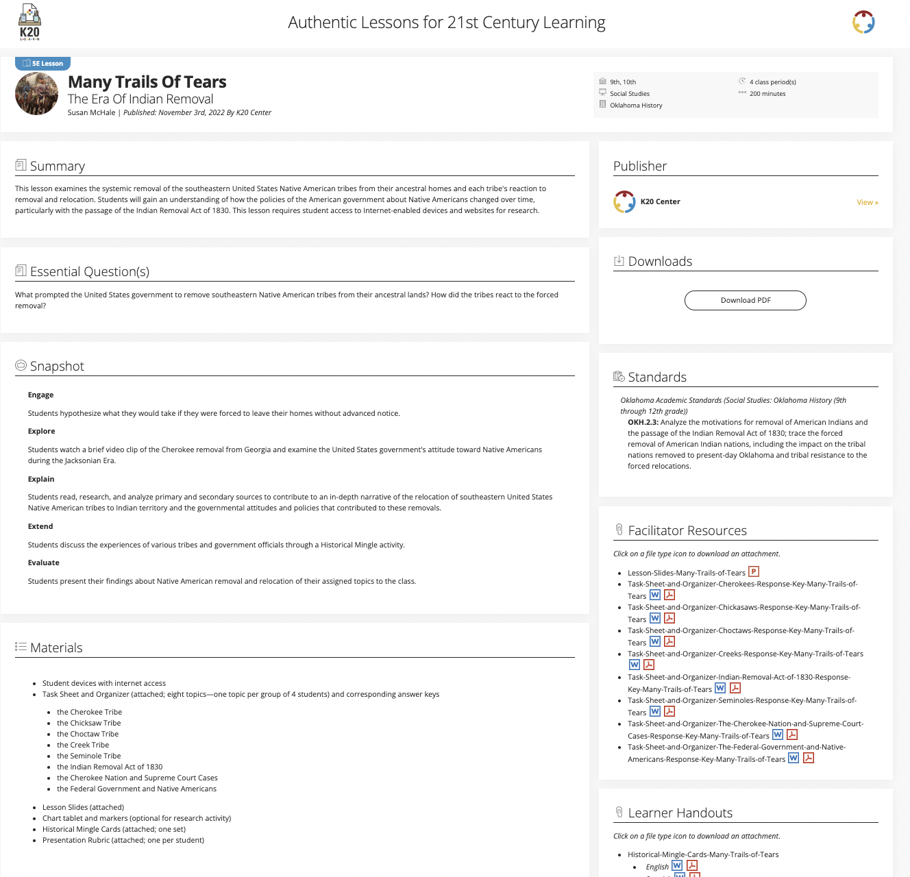 Many Trails of Tears: The Era of Indian Removal Lesson Plan