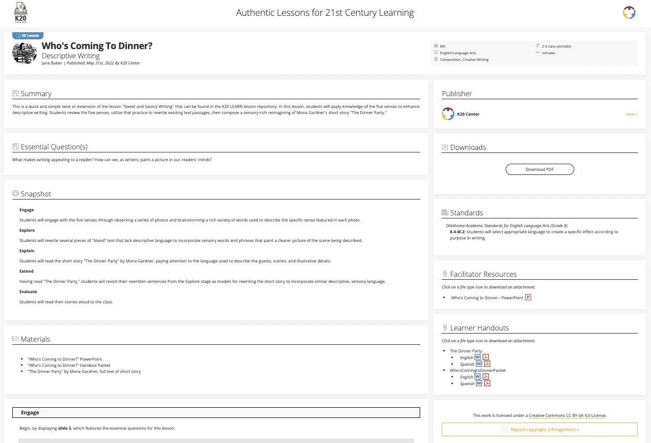 Who's Coming To Dinner? Descriptive Writing Lesson Plan
