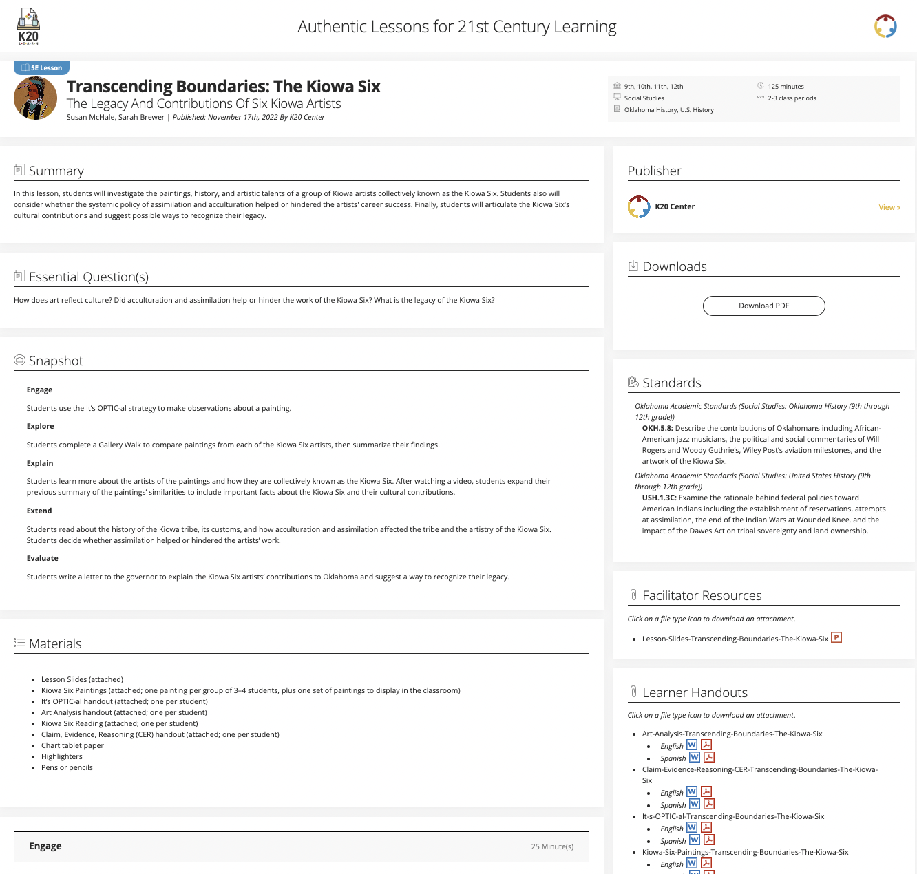 Transcending Boundaries - The Kiowa Six: The Legacy and Contributions of Six Kiowa Artists Lesson Plan