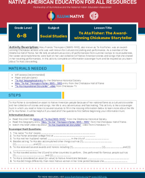 Te Ata Fisher: The Award-Winning Chickasaw Storyteller Activity